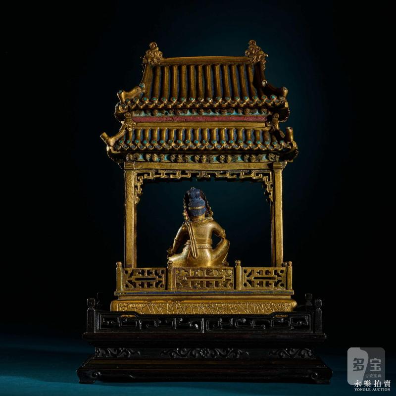清康熙 （宫廷）铜鎏金黄财神填珐琅殿式佛龛（一组） - 图11